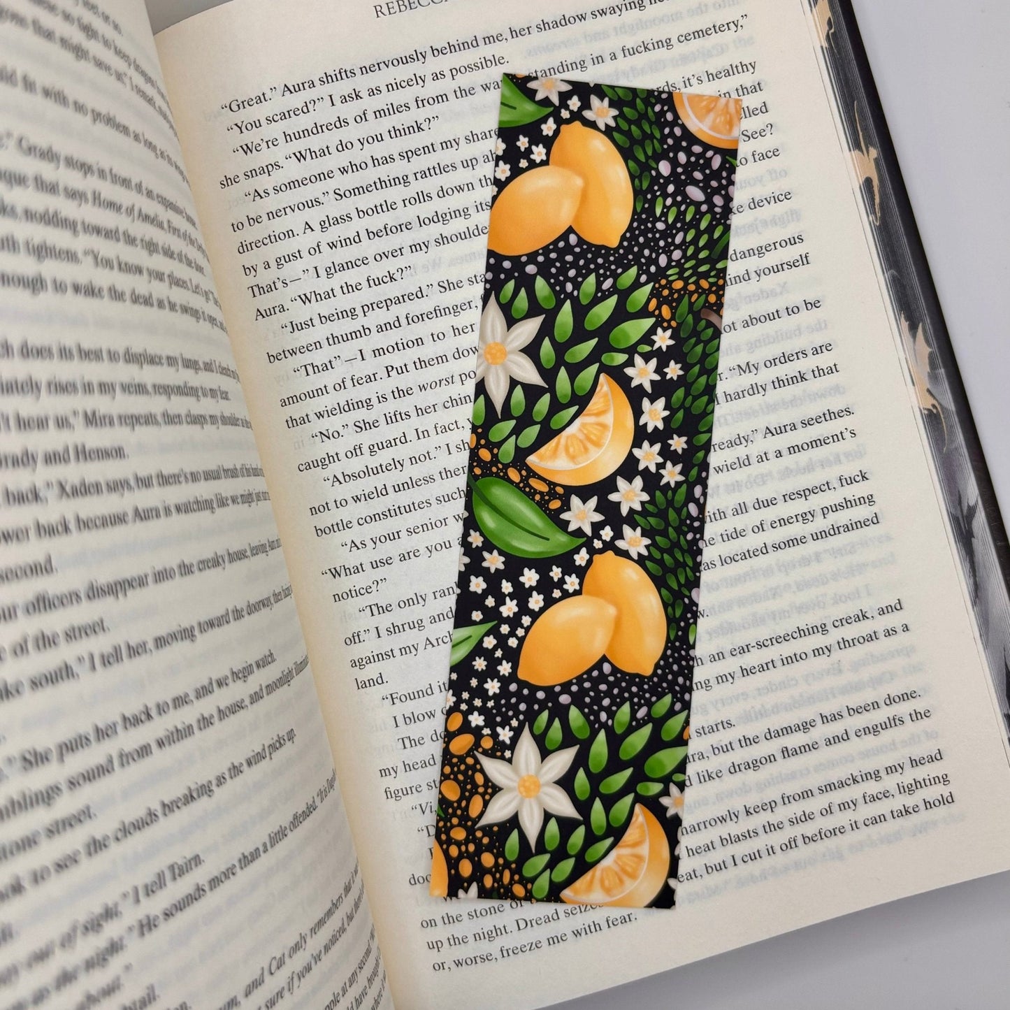 Midnight Citrus – Lemon & Leaf Bookmark on Black | Handmade Summer Stationery - Stationery Passion