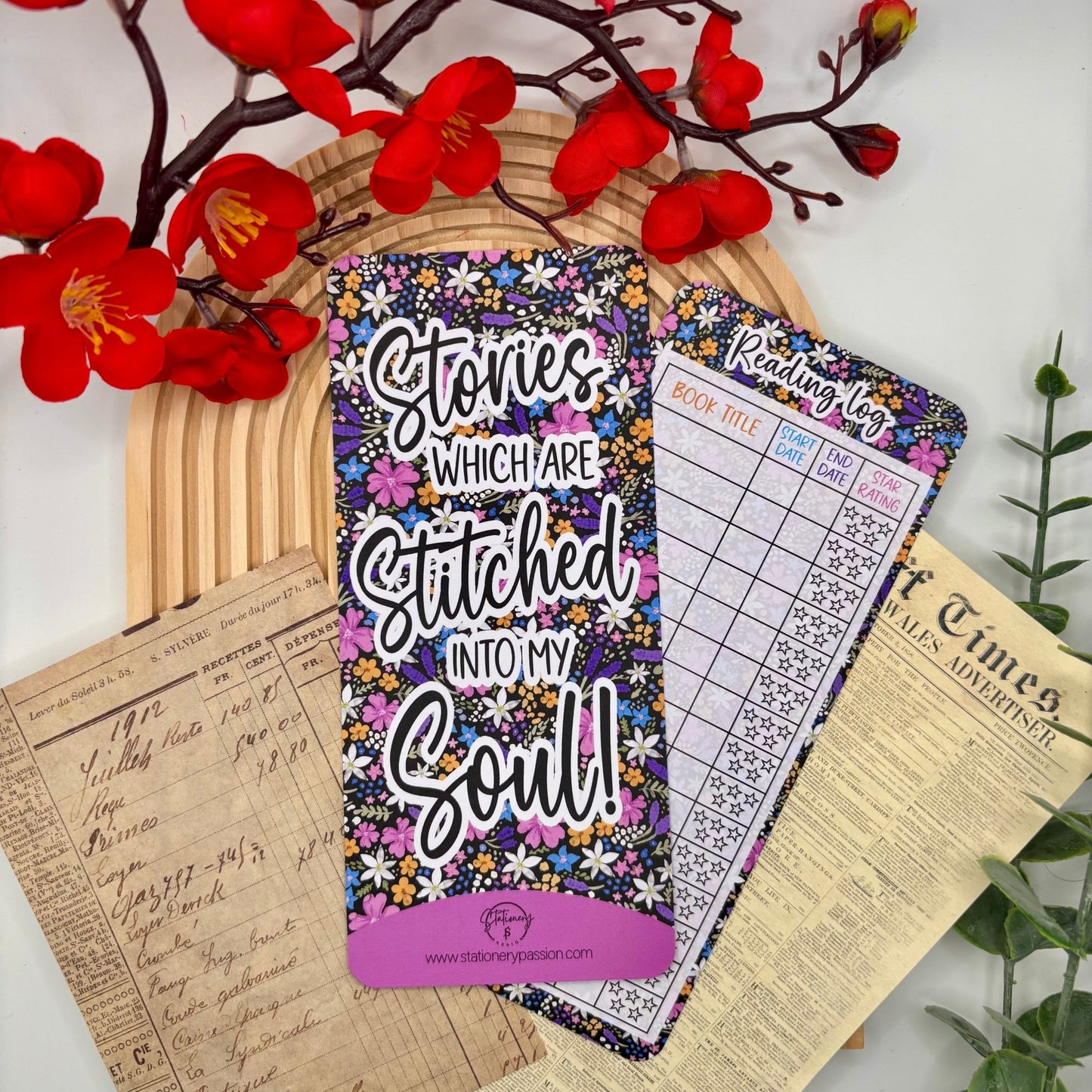Stories Stitched Into My Soul – Black Floral Reading Log Bookmark | Track Your Reads - Stationery Passion