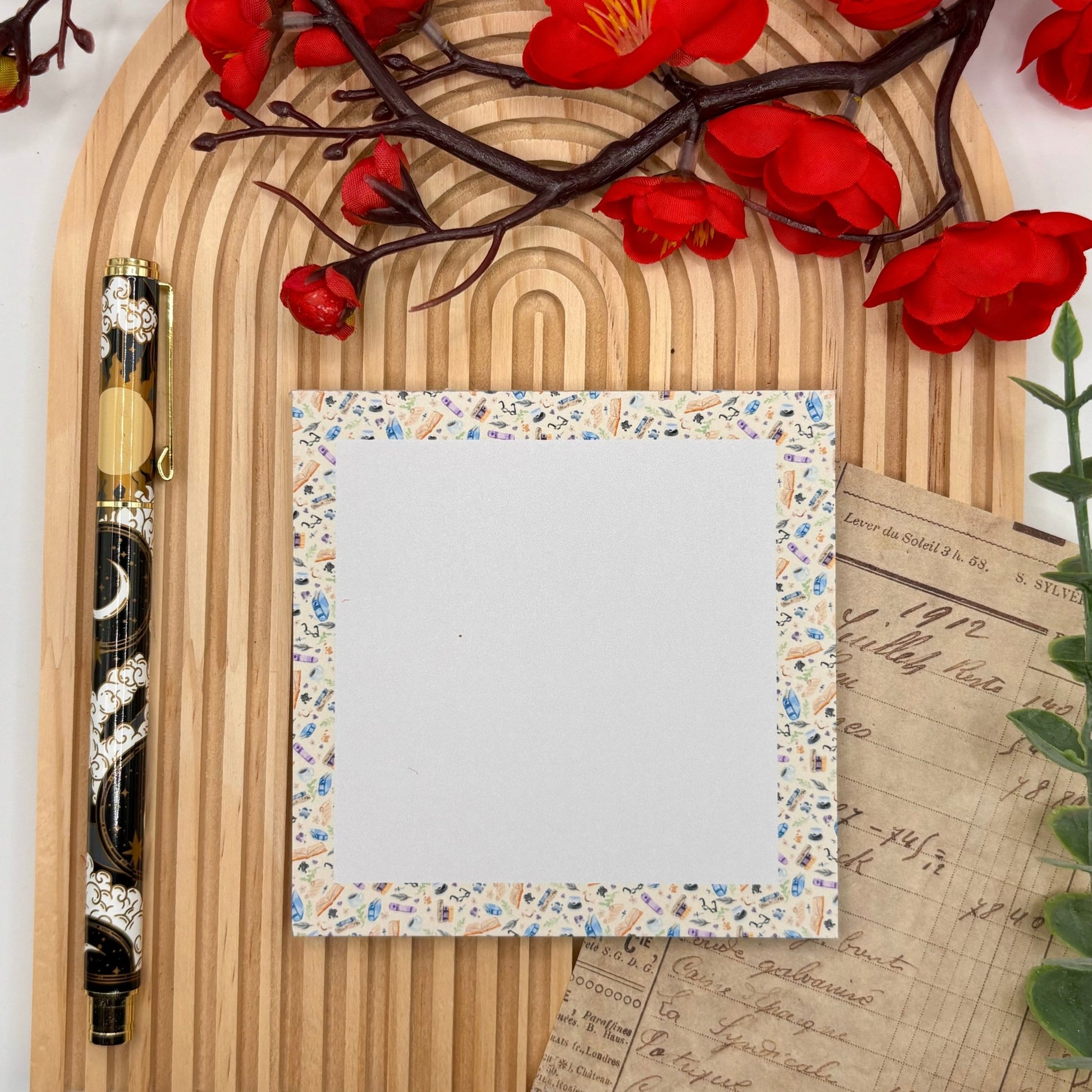 Bookish Beige – Square Notepad with Book Pattern Border | 50 Pages - Stationery Passion