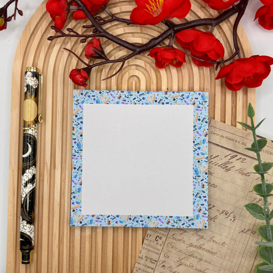 Bookish Blue – Square Notepad with Book Pattern Border | 50 Pages - Stationery Passion