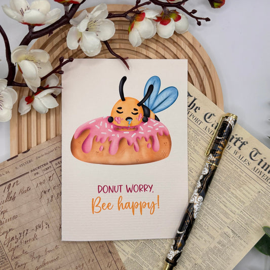 Donut Worry, Bee Happy – A6 Greeting Card | Cute Sleepy Bee on Donut - Stationery Passion