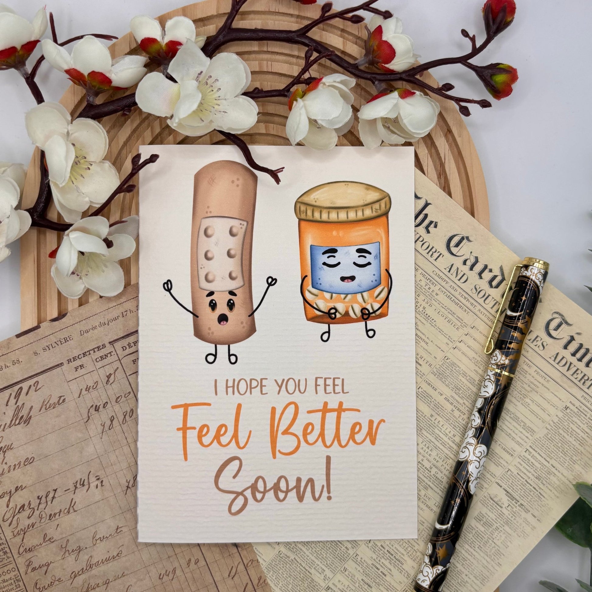 Feel Better Soon – A6 Greeting Card with Pills & Bandaid - Stationery Passion