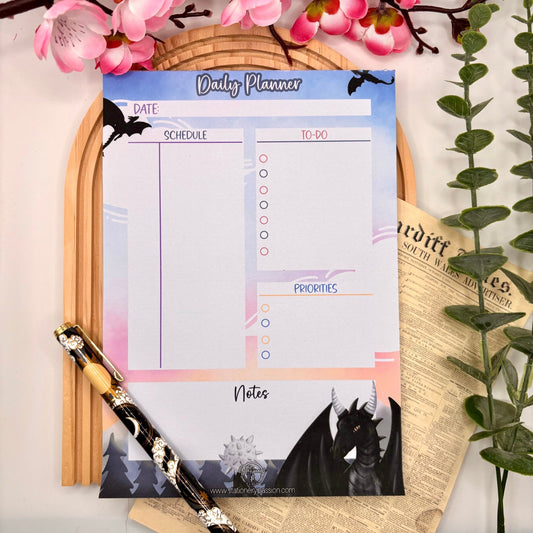 Flying Dragons – Daily Planner Pad with Cloudy Sky & Black Dragon | 50 Pages - Stationery Passion