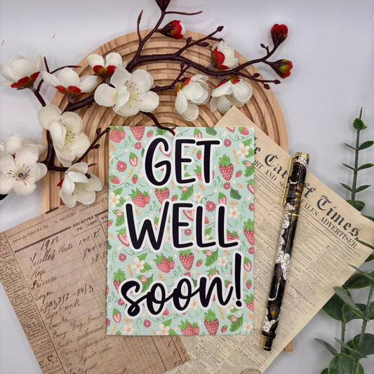 Get Well Soon – A6 Greeting Card with Strawberry Pattern - Stationery Passion