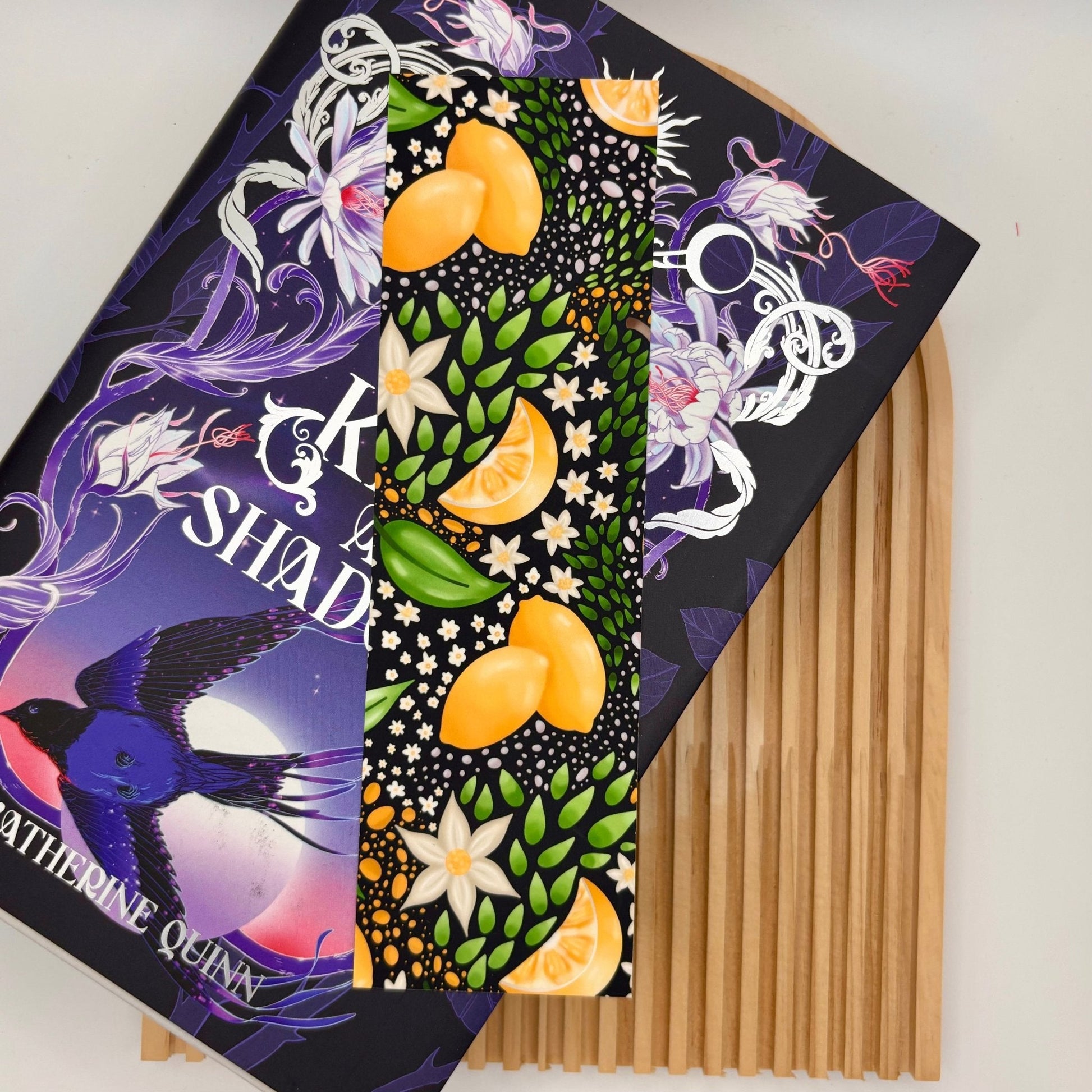 Midnight Citrus – Lemon & Leaf Bookmark on Black | Handmade Summer Stationery - Stationery Passion