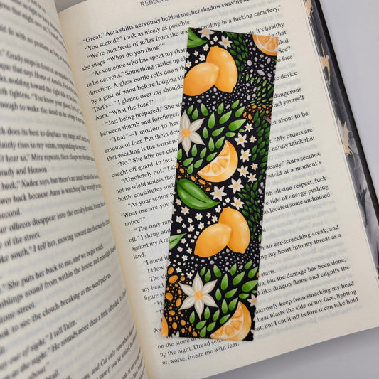 Midnight Citrus – Lemon & Leaf Bookmark on Black | Handmade Summer Stationery - Stationery Passion