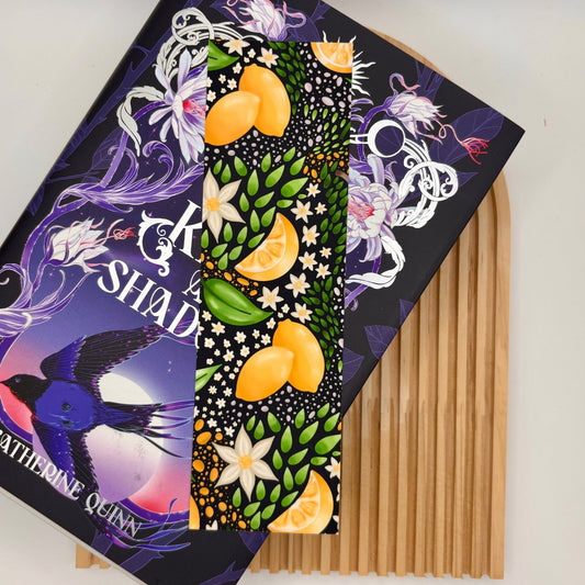 Midnight Citrus – Lemon & Leaf Bookmark on Black | Handmade Summer Stationery - Stationery Passion