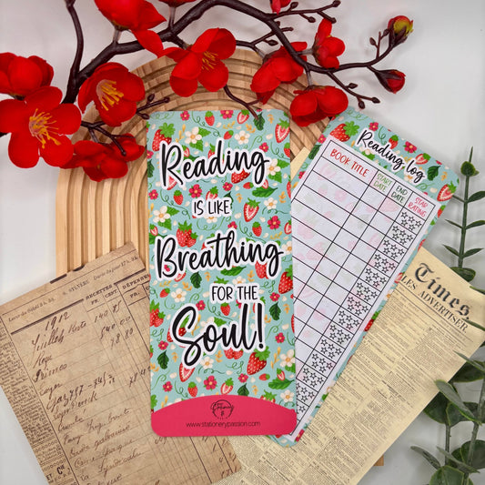 Reading Is Like Breathing – Strawberry Pattern Reading Log Bookmark | Track 15 Books - Stationery Passion
