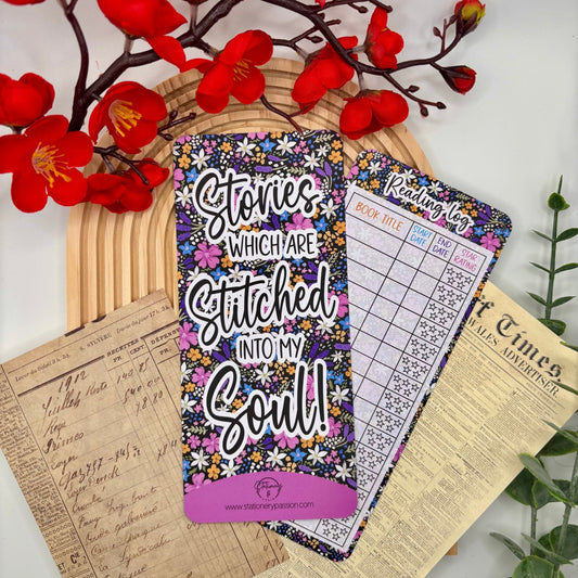 Stories Stitched Into My Soul – Black Floral Reading Log Bookmark | Track Your Reads - Stationery Passion