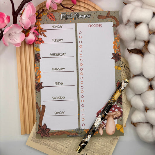 Woodland Whimsy – A5 Meal Planner Pad with Mushroom Design & Grocery List | 50 Pages - Stationery Passion